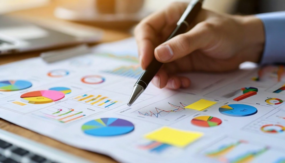 Hand holding pen analyzing marketing metrics on printed report with charts and graphs