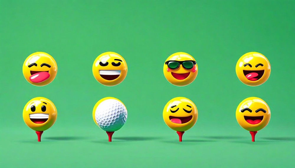 Colorful emojis placed on golf tees against a green background